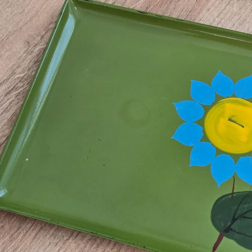Set 5 Groovy Retro Avocado Green Trays Melamine Japan Mod Flower MCM Small 7.5x5